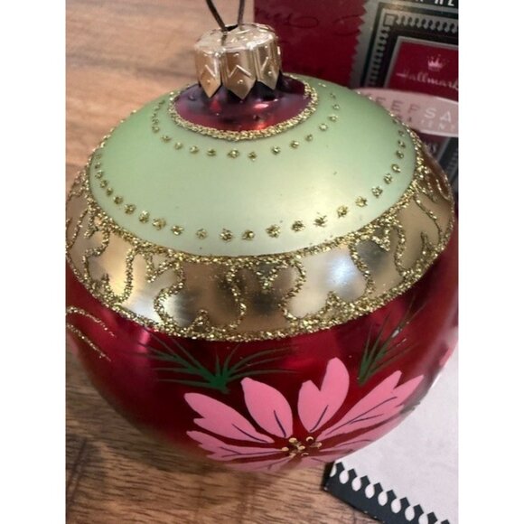 Pink Poinsettias Blown Glass Hallmark Crown Reflections Ornament 1998 Vintage - Picture 3 of 9